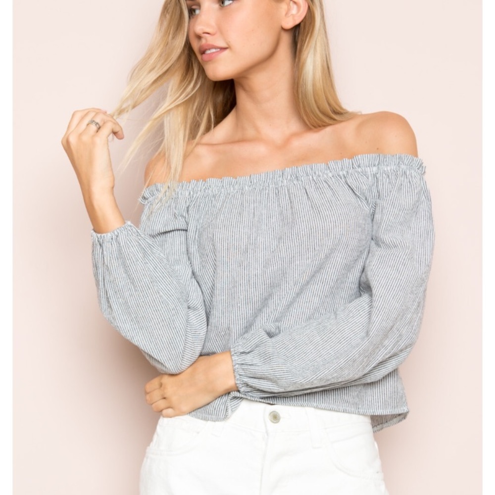 Off the shoulder blue and white striped top
